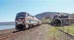 AMTK 130 - the 40th Anniversary Unit leads the westbound Pennsylvanian past the ex-PRR passenger depot in Duncannon